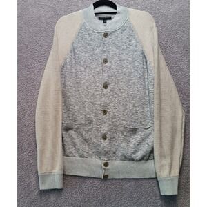 Banana Republic Men's XL Bomber Cardigan Sweater Jacket Gray Beige Cotton Button